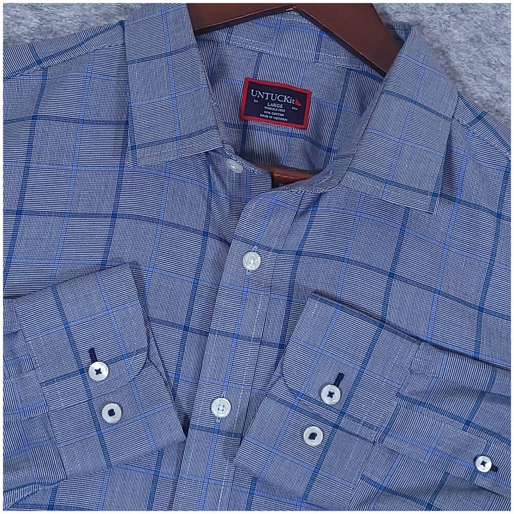 Untuckit Mens Wrinkle Free Blue Plaid 100% Cotton Long Sleeve Shirt Large